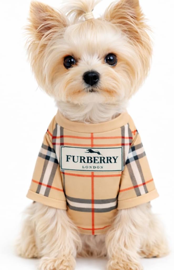 Luxury Designer Dog T Shirt – Trendy Puppy Clothes for Small Dogs, Fashion Pet Tee for French Bulldogs & Chihuahuas, Everything Chic Dog Apparel (FurberryTee, Medium)