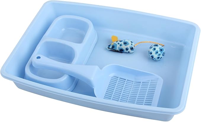 Blue Cat Litter Box Set, Small Cat Kitten Starter Kit with Litter Scoop, Cat Bowl, Kittens Toy; Heated Cat Bed Indoor, Microwavable Heating Pads for Cats with 2 Cozy Covers