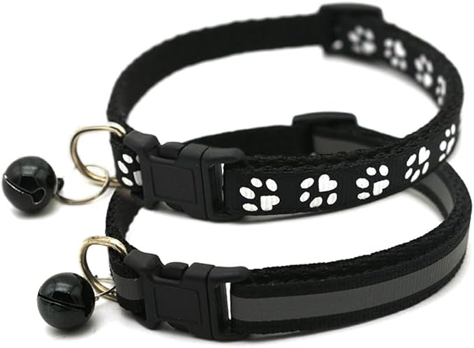 Black Cat Collar with Bell, 2-Pack Basic & Reflective Puppy Collar with Bells for XXS Xs Small Pet Dogs Boy Tiny Kitten Male Animal, Neck 7-12 inch