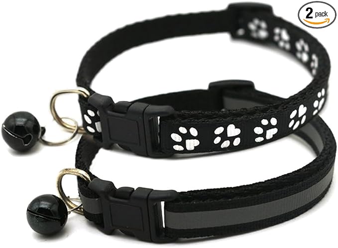 Black Dog Collar with Bells for Small Dogs, 2-Pack Basic & Reflective Boy Puppy Collar with Bells for XXS Xs Small Pet Male Dogs Tiny Cats, S