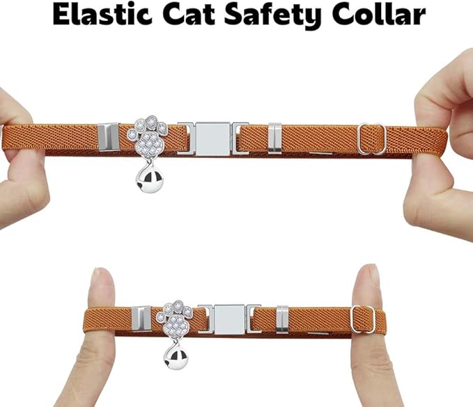 Personalized Safety Elastic Cat Collars with Bell,Laser Customized Stretch Kitten Collars for Girls Boys Cats-Light Brown