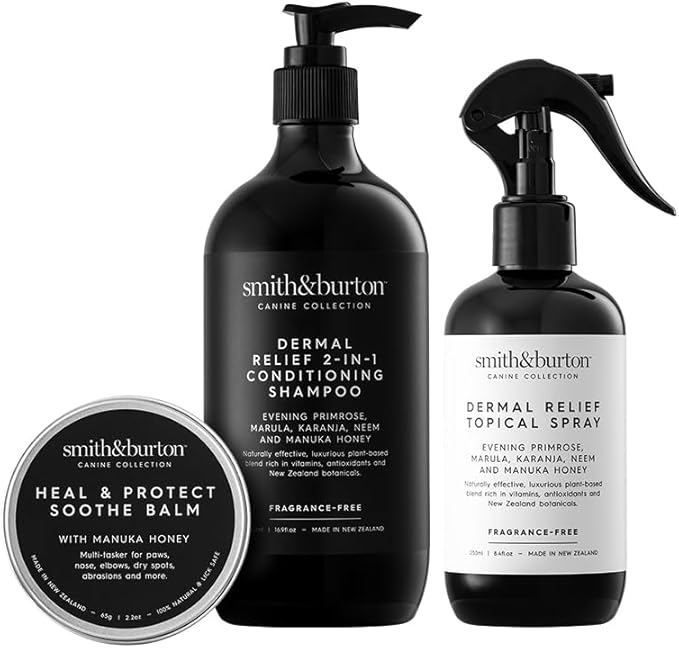smith&burton Dermal Relief & Repair Care System for Dogs & Cats, Conditioning Shampoo, Topical Spray & Heal Balm for Allergies, Itching, Flaky, Dry, Irritated Skin, Fragrance-Free, Plant Based