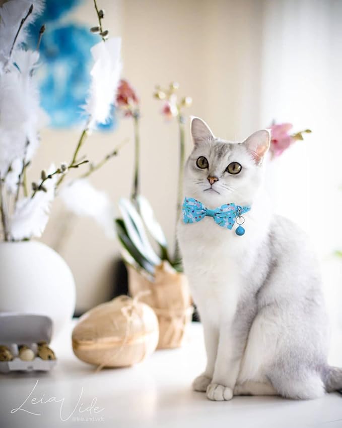BoomBone Easter Cat Bow Tie Collar Adjustable Breakaway Collar with Bells, Spring Bowtie Kitten Collar