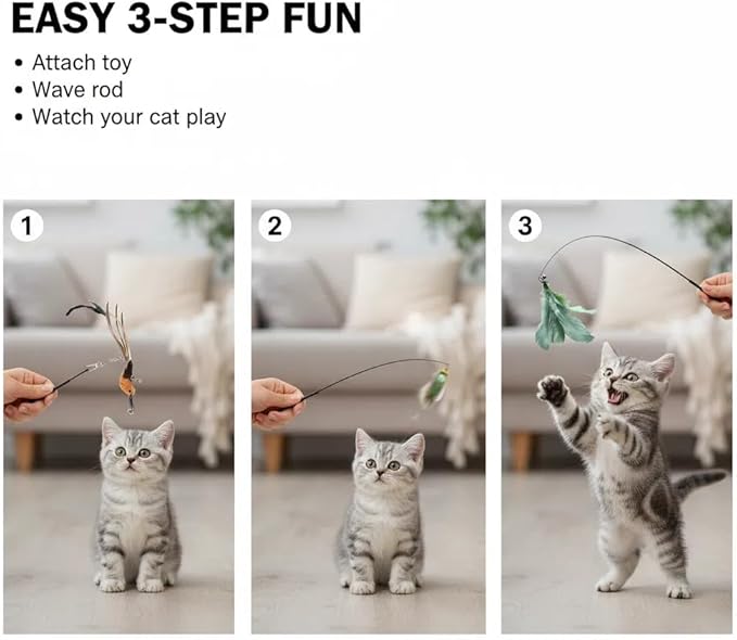 9 Pcs Interactive Cat Feather Toys for Indoor Self Play & Exercise, Cat Wand Toy, 2 Play Modes Kitten Teaser Wand, Reusable Suction Cup Kitten Toys
