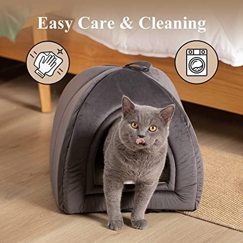KASENTEX Cat Bed for Indoor Cats, 2-in-1 Cat House Pet Supplies for Large Cat or Small Dog - Animal Cave, Cat Tent with Removable Washable Pillow Cushion (Dark Grey, 19x19x19)