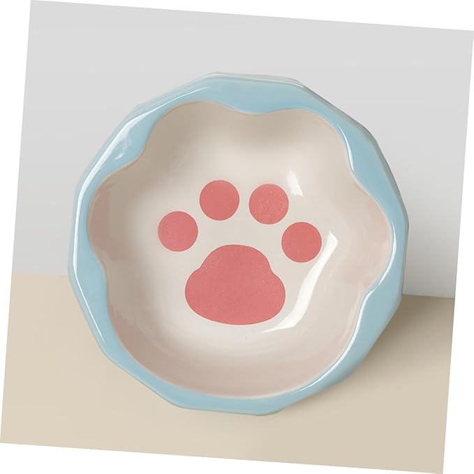 Ceramic Pet Bowl Tilted Cat Dish with Cute Animal Paw Print Small Dog Feeder Bowl Blue for Pets Feeding and Watering