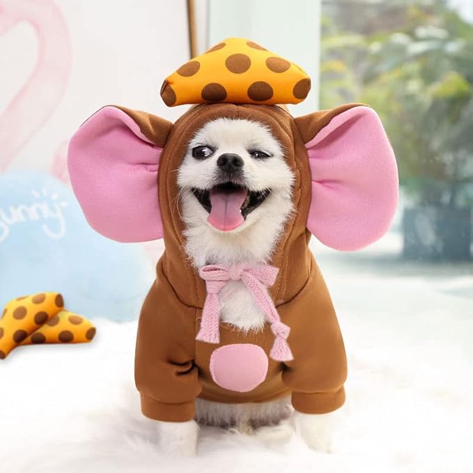 Pet Clothing Dog Transformation Frog Hoodie Autumn and Winter Warm Small Large Dog Method Dou Cat Bullfighting Clothes (Brown Mouse,S)