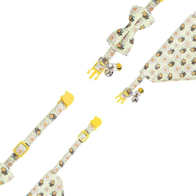 Cat Collar Breakaway with Cute Bow Tie Bandana and Bell Accessories Bee for Kitty Adjustable Safety