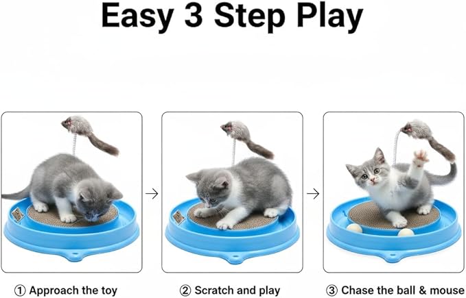 AUOON Cat Scratcher Toy with Ball Track - 3 in 1 Interactive Cat Toy, Cat Scratch Pad with Cat Ball Toy and Plush Cat Mouse Toy for Indoor Cats and Kittens (Blue)