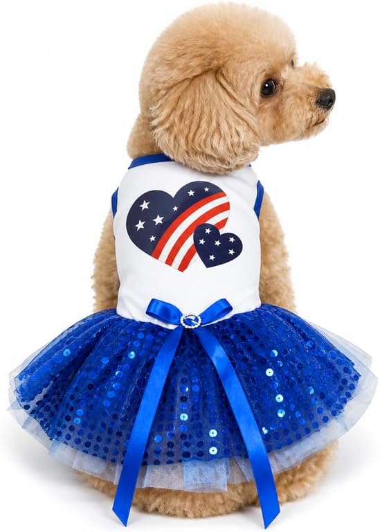 Petitebella USA Twins Heart Puppy Dog Dress (White/Blue Sequins, Large)