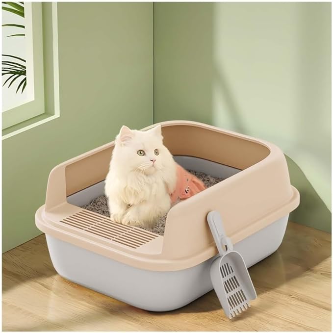 Pet Supplies, Semi-Open Cat Litter Box with High Sides, Anti-Splash & Easy to Clean(Light Grey,Large)