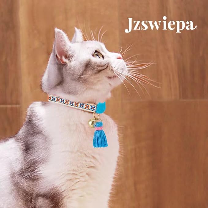 2 Pack Cat Collar Breakaway Cute Colorful Pattern for Cat Boy Girl Adjustable Length Collar with Little Bell Tassel Tribal Bohemian Pattern (2 Pack⎮Green+Blue)