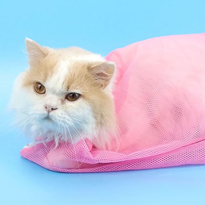 3-Pack Cat Grooming Mesh Bag, Adjustable Restraint for Bathing and Nail Trimming, Pink Blue Yellow