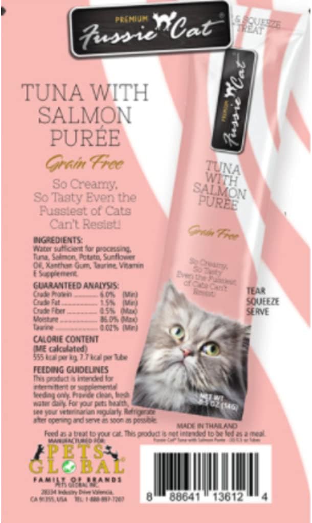 Fussie Cat Puree Grain Free Lickable Treat in 2 Flavors: (2) Tuna with Salmon and (2) Tuna with Ocean Fish (4 Four-Tube Packs, 16 Tubes Total, 0.5 Ounce per Tube) Plus Shaynanigans Silicone Lid
