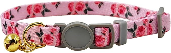 Breakaway Cat Collar, Floral Pattern, Safe Release Buckle, Clear Bell, Polyester Material, for Adult Cats.(Pink Rose)
