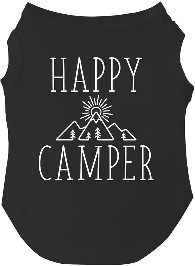Happy Camping Dog Tee Shirt | Sleeveless Breeds | Summer | Outdoors | Travel | Hike |Black, Medium 278
