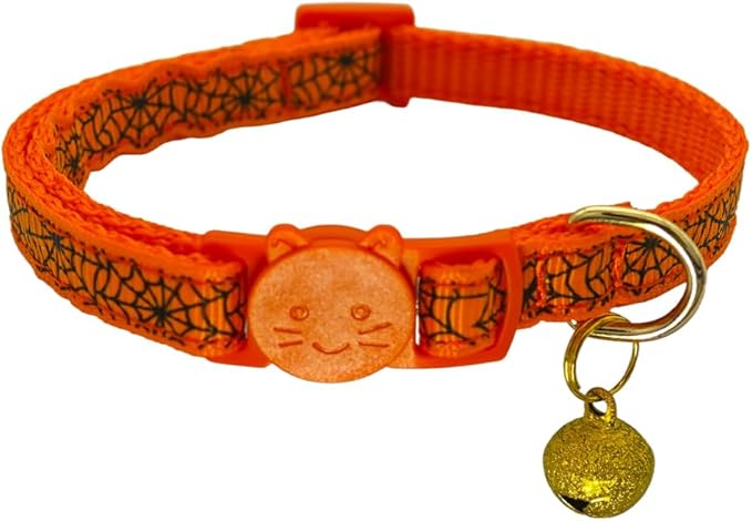 2 Pack Halloween Breakaway Cat Collars, with Spider Web Design, Safety Buckle & Removable Bell of Kitten Collars, Adjustable from 7.5 to 12.5 Inches(Orange & Black)