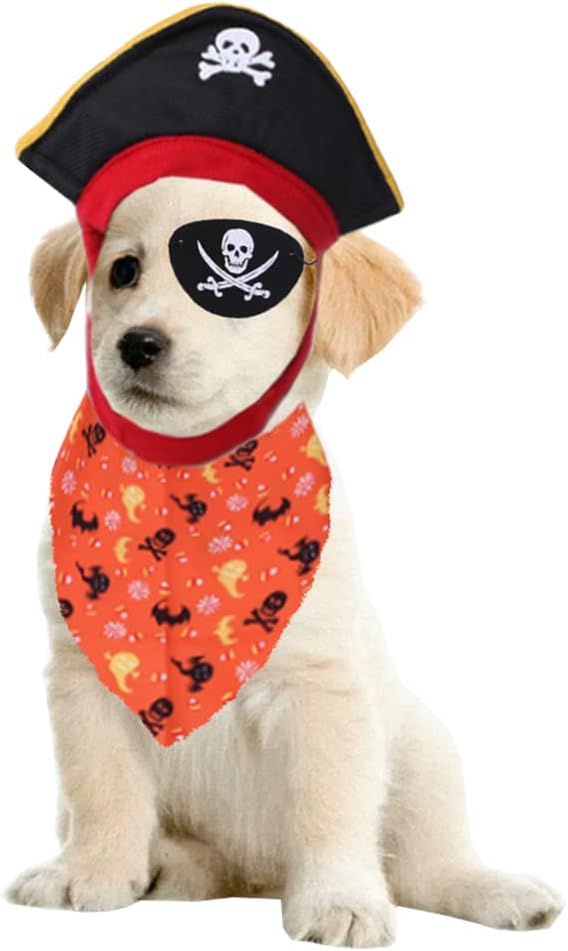 Anelekor Pirate Dog Cat Costume Suit Halloween Funny Pet Clothes with Pirate hat & Bandana Caribbean Style Cat Apparel Corsair Puppy Dressing Up Cosplay for Small Dogs Kitty (Navy)