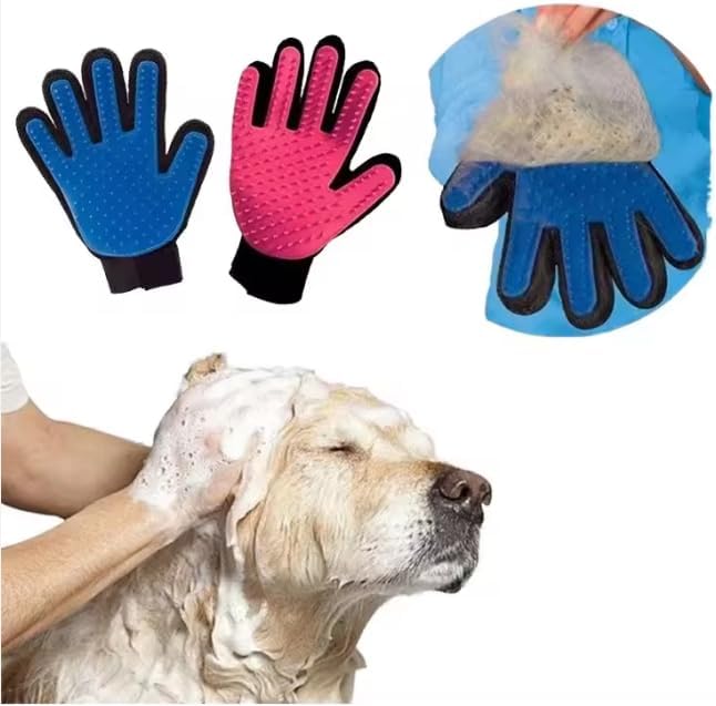 Grooming Gloves (1 Pair, Left & Right) – Gentle Deshedding & Bathing Brush for Dogs, Cats & Horses – Soft Silicone Tips, Breathable Mesh, Adjustable Fit – Easy Hair Removal (Blue)