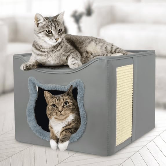 Cat Beds for Indoor Cats, Foldable Square Comfortable Pet Cave Bed & Furniture, with Scratching Pad and 2 Cushion, Grey