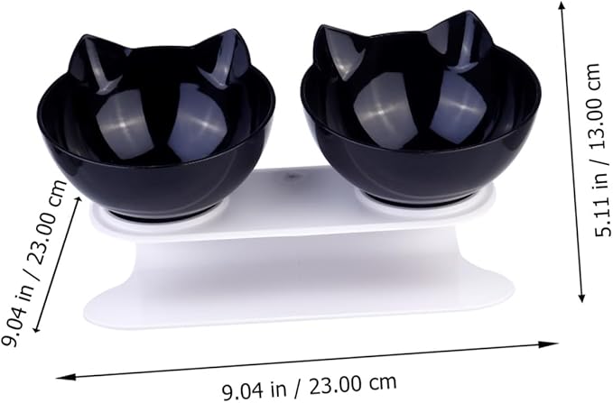Double Plastic Cat Bowl with Raised Slanted Design, Black Dual Pet Feeding and Watering Bowl, Anti-Spill Tilted Food and Water Dish for Cats and Dogs