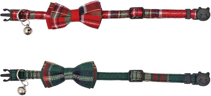 Christmas Cat Collar Breakaway with Cute Removable Bow Tie and Bell for Kitty Adjustable Safety Plaid