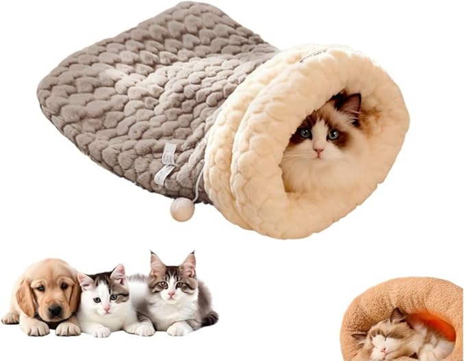 Winter Warming Cat Sleeping Bag，Soft Plush Sleeping Bag for Indoor Cats，Cozy Pet Nest for Cats and Dogs, Portable Calming Pet Nests，Cat Cave Bed Self Warming Bed, Pet Hideway (Medium,C-Grey)