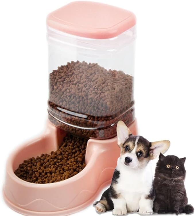 Pet Feeding Bowl and Water Dispenser with Refillable Storage Container Self-Dispensing 1 Gallon Large Capacity Cat Feeder, 3.8 Liters Capacity Dog Rabbit Waterer (Pink, for Food)