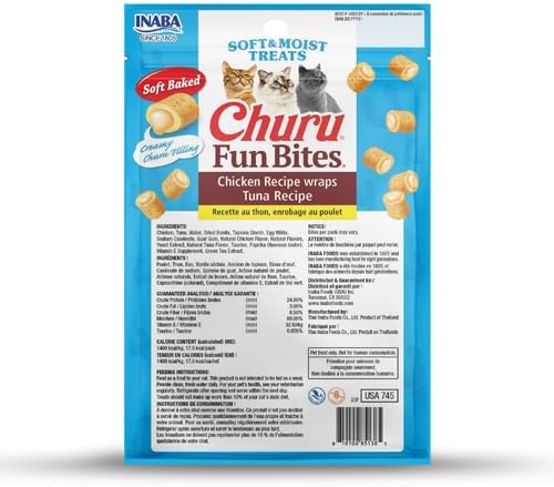 INABA Churu Fun Bites for Cats, Soft & Chewy Baked Chicken Wrapped Filled Cat Treats with Taurine, 0.42 Ounces Each Tetra, 9 Tetras (3 per Bag), Tuna Recipe