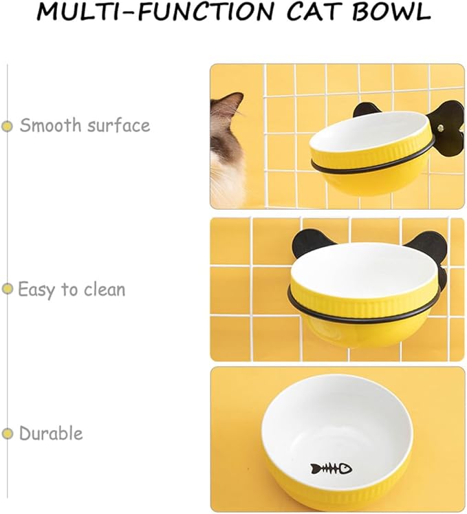 SUPVOX Ceramic Hanging Cat and Dog Bowl Set with Tilted Yellow Fishbone Design, Multi-Function Pet Feeding and Watering Bowl with Iron Hanging Stand for Indoor Cats and Puppies