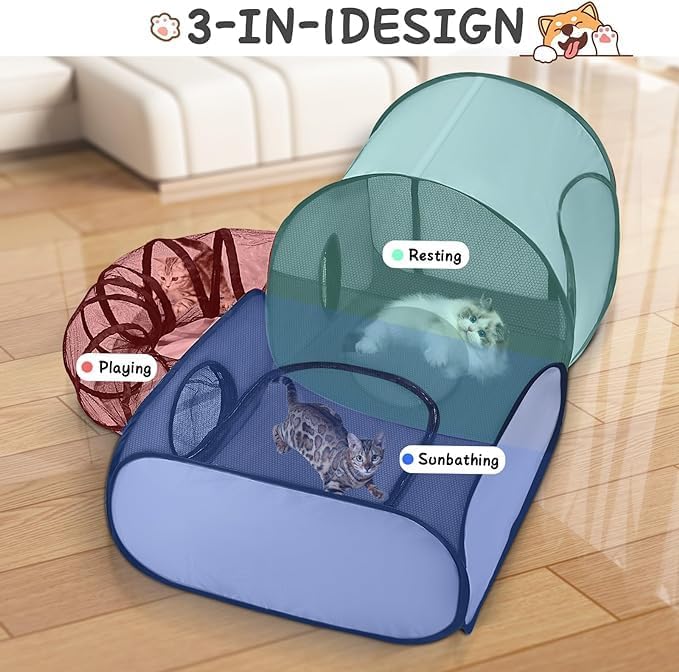 Tailtastic Dog Playpen with Surround Tunnel, Outdoor/Indoor Cat Playpen with Breathable Soft Sides，Tailtastic Cat Enclosure Tent for Small Animals, Portable Cat Tent with Carry Bag (Large)