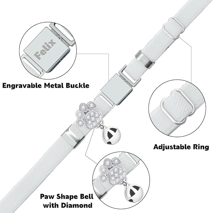 Personalized Safety Elastic Cat Collars with Bell,Laser Customized Stretch Kitten Collars for Girls Boys Cats-White
