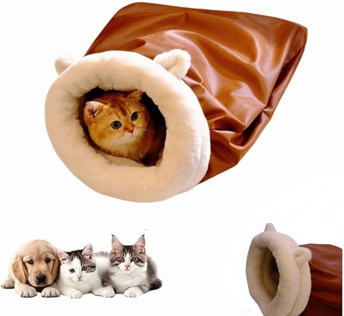 Winter Warming Cat Sleeping Bag，Soft Plush Sleeping Bag for Indoor Cats，Cozy Pet Nest for Cats and Dogs, Portable Calming Pet Nests，Cat Cave Bed Self Warming (Leather, Large（22.5 * 18.8 in）)