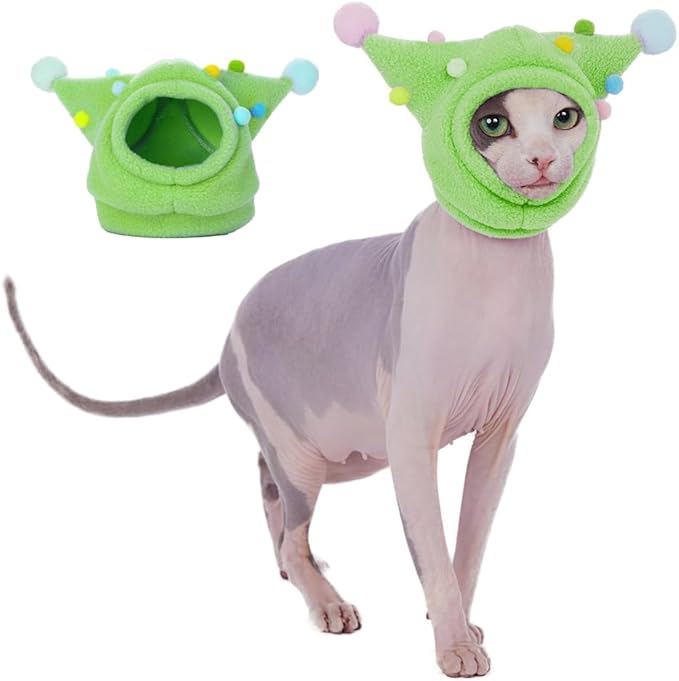 Cat Fleece Funny Hat with Pom-Poms, Warm Adjustable Straps, Halloween Costume Headwear for Cats Birthday (Green, L(Face Circle 10-11''))