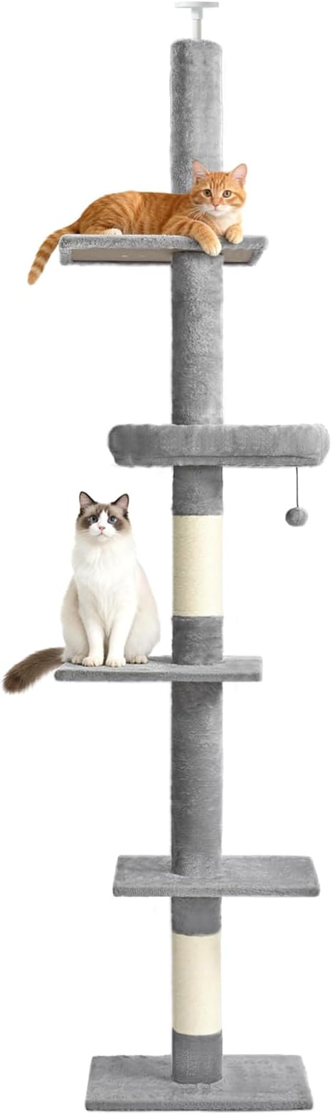 Floor to Ceiling Cat Tree, Cat Tower with Adjustable Height 98-110 Inches, 5 Tiers Tall Cat Tree Floor to Ceiling with Cozy Bed,Platforms, Sisal Scratching Posts for Cats, Soft Gray