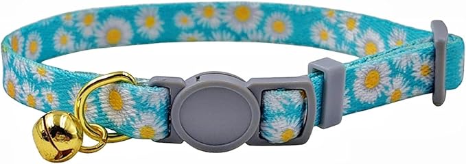 Breakaway Cat Collar, Floral Pattern, Safe Release Buckle, Clear Bell, Polyester Material, for Adult Cats.(Green Daisy)