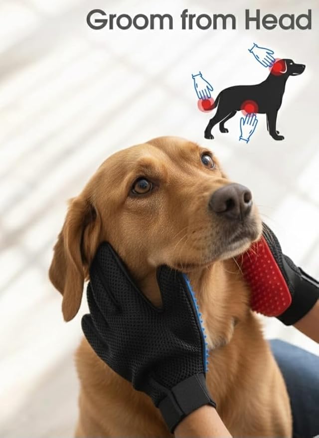 Pet Grooming Gloves, Deshedding Hair Removal Brush Mitt for Dogs and Cats, Black and Blue, Pair (Red)