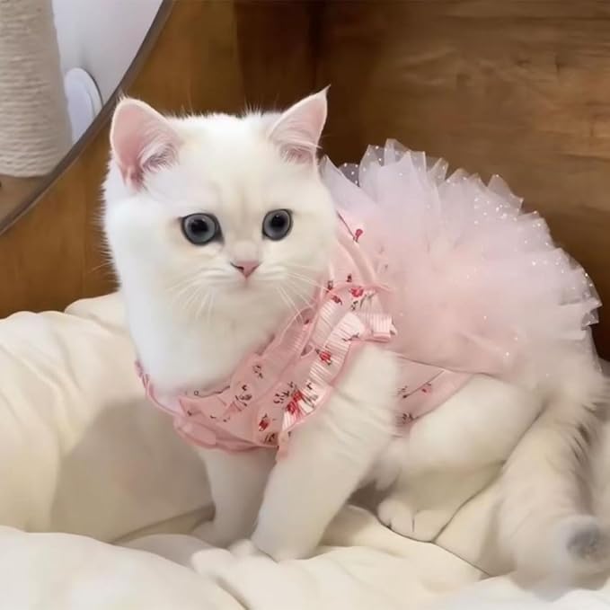 Summer Pet Dress for Small Dogs Cats, Ice Silk Cotton Floral Print Tutu Skirt with Built-in D-Ring, Breathable Sleeveless Puppy Kitten Outfit for Daily Walk and Photo (Pink-Tutu, Small)