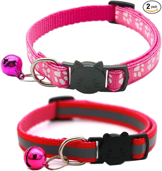 2 Pack Cat Collars Quick Release Reflective Kitten Collar with Bell & Safety Release (Dark Pink)
