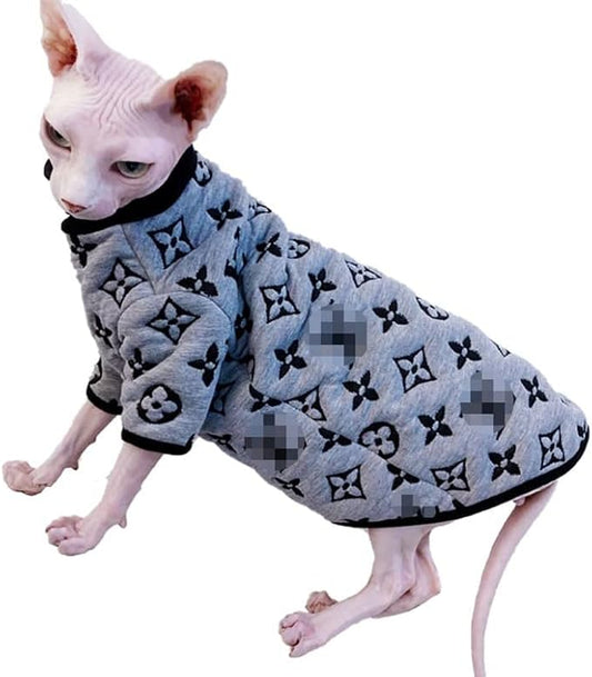 Sphynx Cat Clothes Breathable Pure Cotton Fashion Icon Cat Sweater Kitten Outfit with Sleeves for Sphynx Cornish Rex, Devon Rex, Peterbald (XS, Grey)
