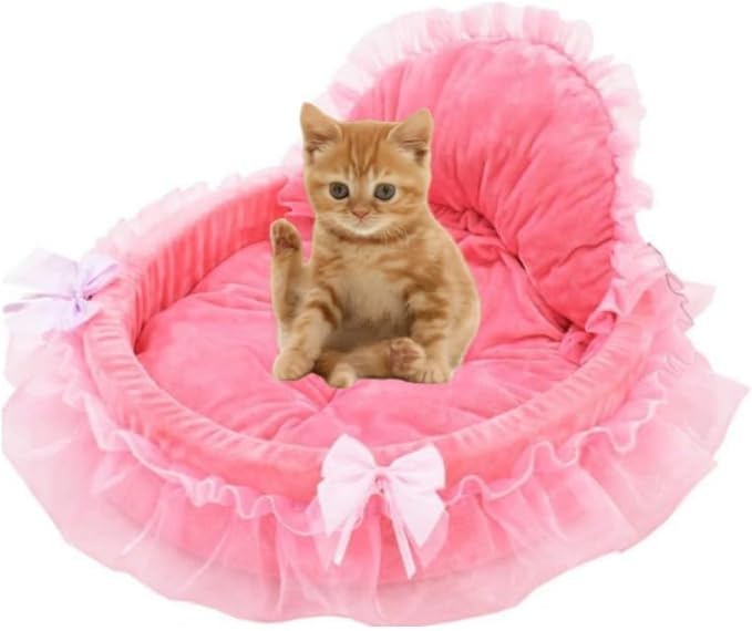 Heart-Shaped Cat Nest - Lace Princess Soft Cotton Velvet Warm Bed Sofa for Cats and Dogs in Winter (S, Pink)