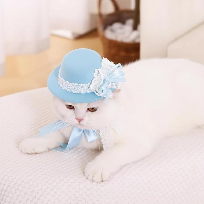 Lovelyshop Pet Bonnet Hat and Bowtie Set for Small Dogs Cats Puppy Kitten, Light Blue, Lace Vintage Spring Summer Style, Adjustable Tie