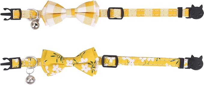 2 Pack/Set Cat Collar Breakaway with Cute Bow Tie and Bell Plaid Flower for Kitty Adjustable Safety