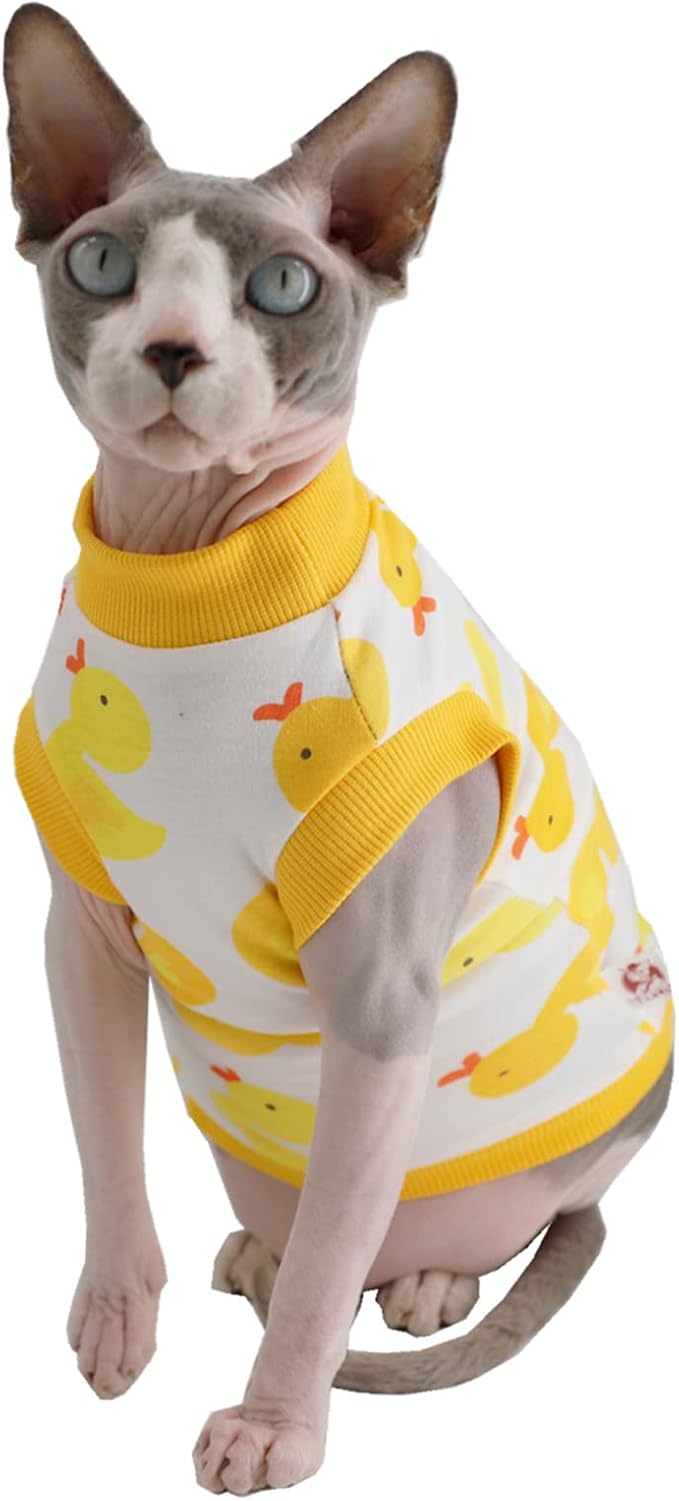 Sphynx Hairless Cat Summer Cotton T-Shirts Cat Vest Pet Clothes,Round Collar Vest Kitten Shirts Sleeveless, Cats & Small Dogs Apparel (Small, Yellow Ducks)