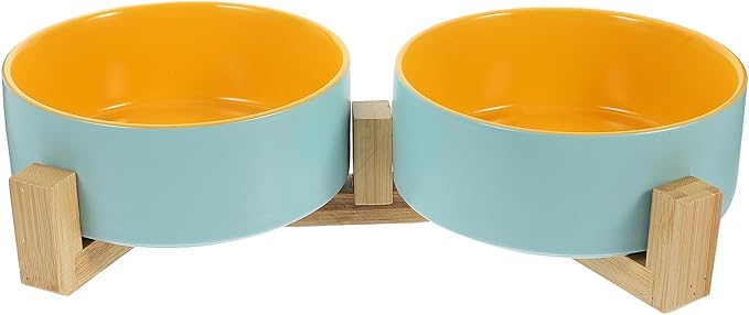 Ceramic Elevated Cat Bowls with Dual Color Glaze and Anti-Slip Wood Stand, Small Size Double Dish for Indoor Pet Feeding and Watering Supplies