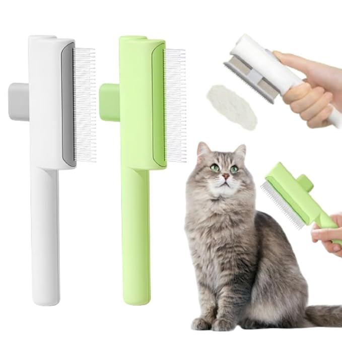 Pet Hair Removal Comb Flea Comb, 2025 Upgrade Cat Grooming Brush, Cat Brush with Release Button, De-Shedding Hair, Dog Grooming Supplies, Fine-Tooth Massage (White+Green)