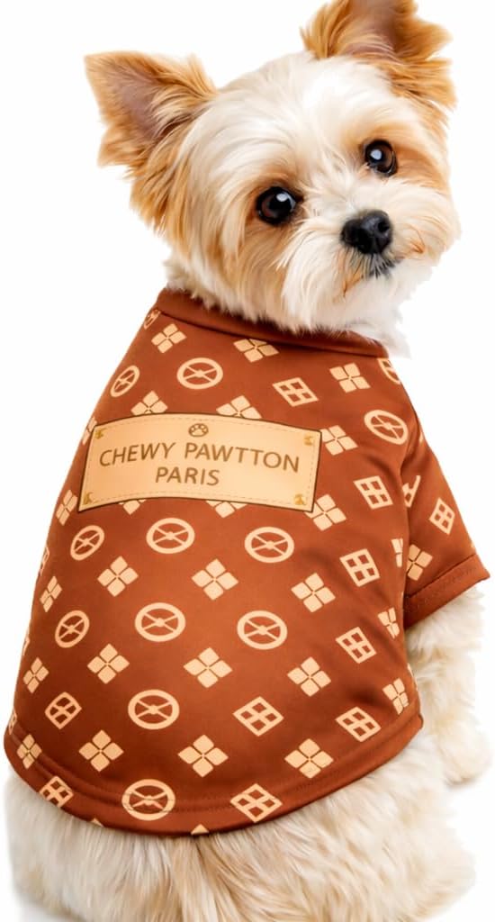 Luxury Designer Dog T Shirt – Trendy Puppy Clothes for Small Dogs, Fashion Pet Tee for French Bulldogs & Chihuahuas, Everything Chic Dog Apparel (ChewyPawttonTee, Medium)