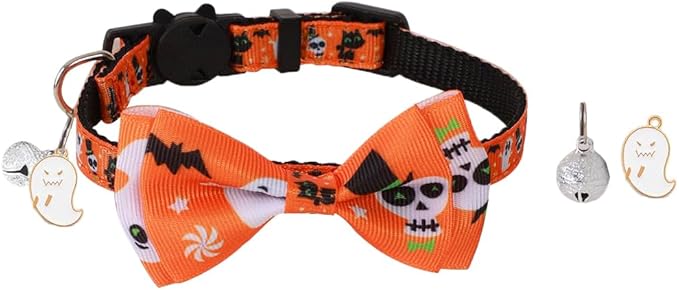 2 Pack Halloween Breakaway Cat Collars, Unisex for Girl & Boy Cats, with Bow Tie & Bell, Safety Buckle Kitten Collars, Adjustable from 7.5 to 12.5 Inches(Orange & Black)