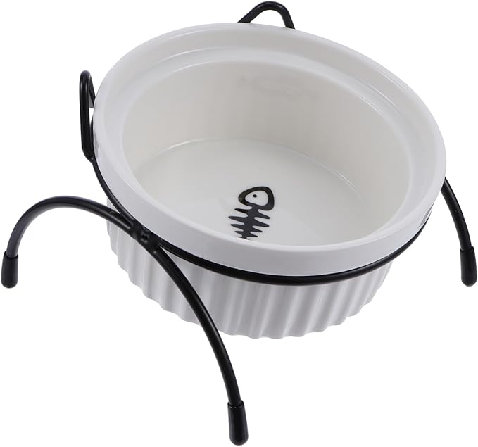 Milisten Ceramic Cat Food Bowl and Raised Iron Stand Set, Neck Protection Pet Feeding Bowls, White Fishbone Ceramic Dish with Black Cat Ear Holder, Suitable for Cats’ Mealtime