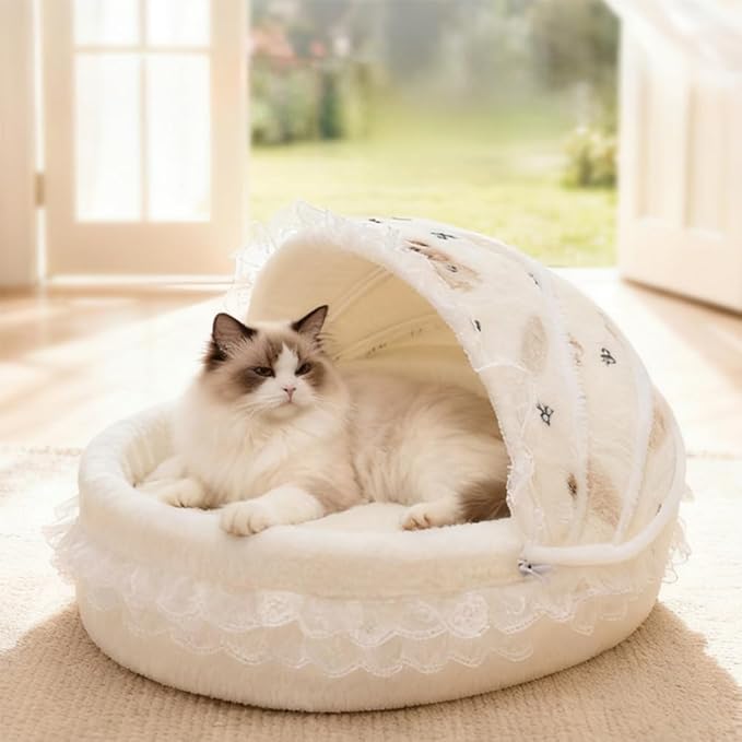 Cradle Nest Cat Cave Bed - Semi-Enclosed Plush Cradle Pet Bed with Removable Washable Cover, Cute Princess Dog Bed, Small Dog House & Cozy Cat Furniture for Indoor Cats, Small Dogs, Puppies
